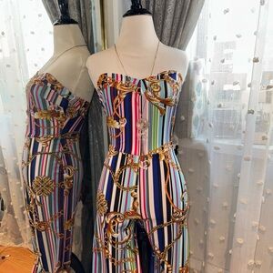 Fashion Nova Chain Multi Colored Flared Strapless Jumpsuit Romper